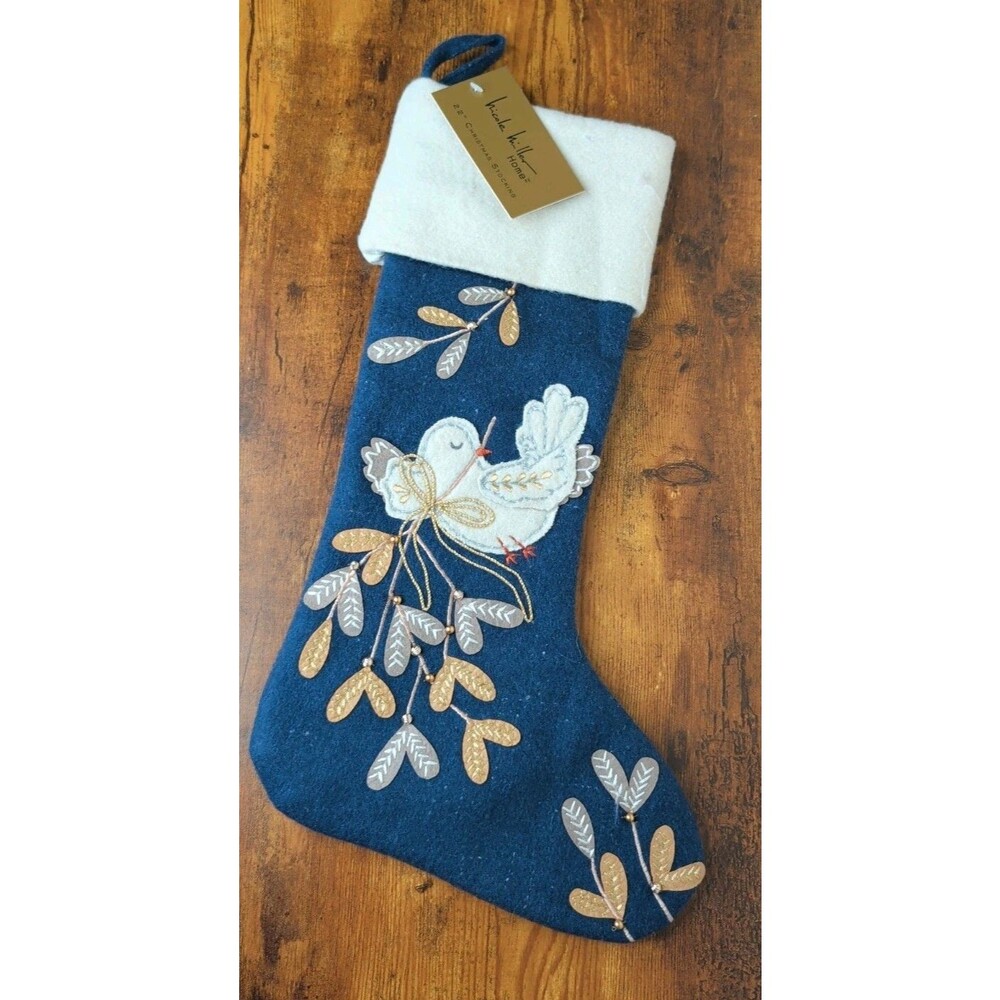 Nicole Miller Beaded Embroidered Wool Dove Christmas Stocking Blue Gold Accents